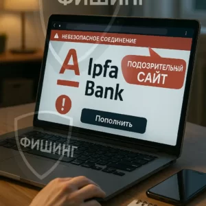 на экране ноутбука открыт фейковый банковский сайт с надписью «Подозрительный сайт» и красной панелью «Небезопасное соединение», на столе — блокнот с фразой «Проверить источник», рядом рука на мышке и смартфон, наложены графические элементы: щит, стрелка и слово «Фишинг».
