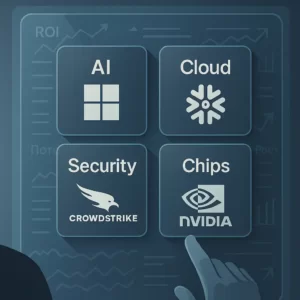 экран с четырьмя плитками: AI (Microsoft), Cloud (Snowflake), Security (CrowdStrike), Chips (Nvidia); рука выбирает один сектор, в фоне — интерфейс с графиками и надписью «2025: инвестиционные тренды».